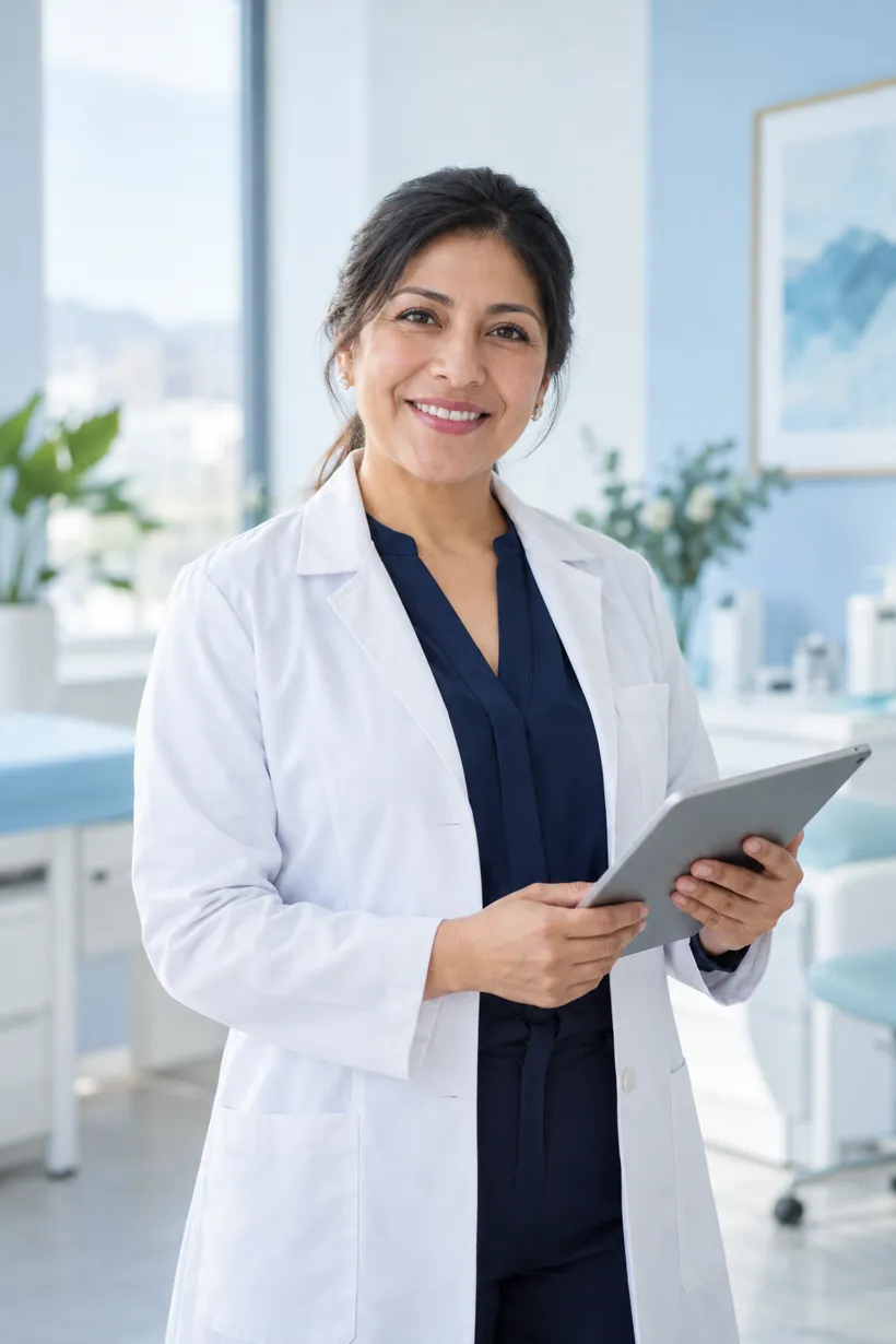 Médica sonriente en su consultorio luminoso, con una tablet en la mano