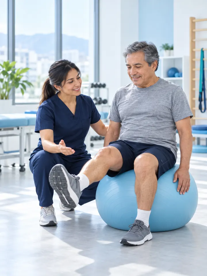Kinesióloga acompañando a un paciente durante un ejercicio de rehabilitación