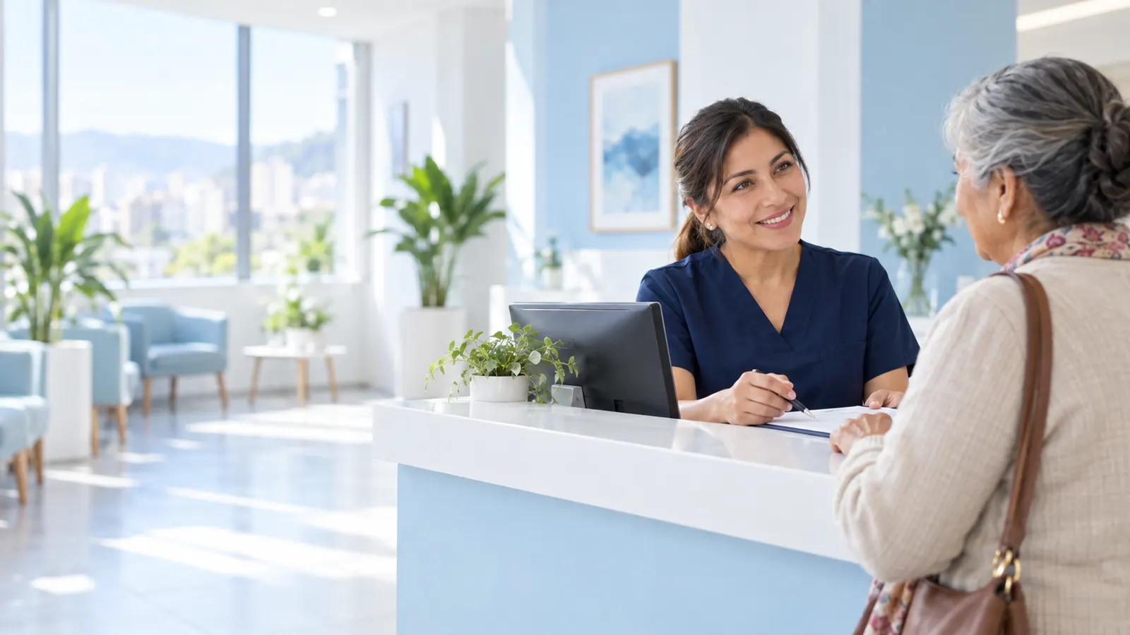 Recepcionista atendiendo a una paciente en el mostrador de una clínica luminosa